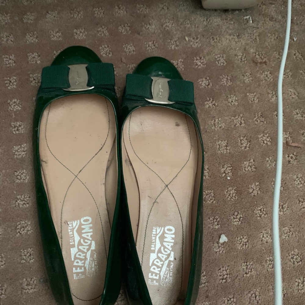 Used Ferregamon green patten with a silver bow